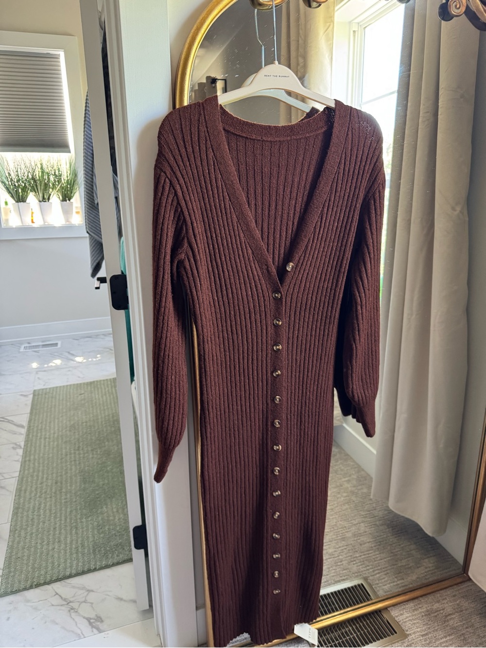 Ribbed Button-Down Midi Cardigan Dress - Deep Brown